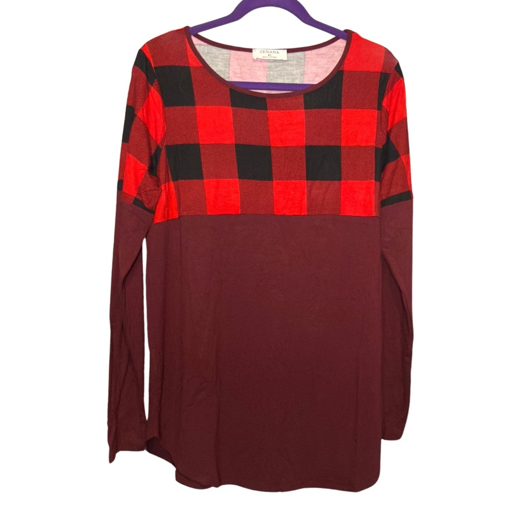 Zenana Outfitters Red and Black Plaid Long Sleeve Top (0315)